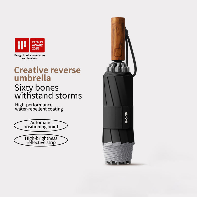 Premium Inverted Travel Umbrella with Non-Rebound Mechanism, Waterproof & Wind Resistant, Wood Handle, Night Safety Reflective Edge for Men & Women