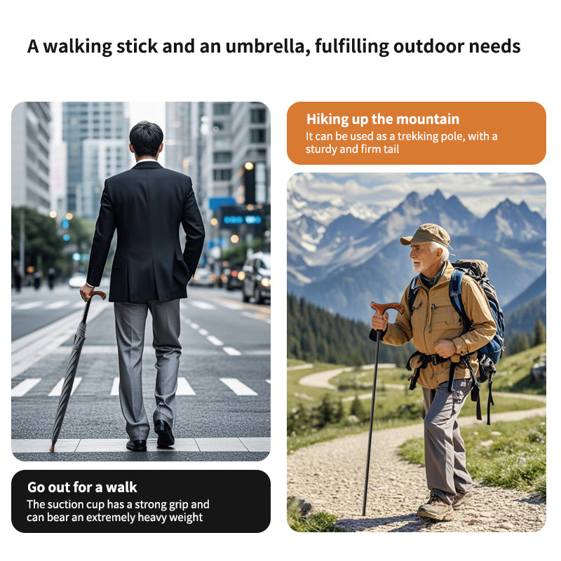 Crutch Umbrella 2-in-1 Walking Cane & Umbrella, Split Design, 8 Ribs Fiberglass Frame 105cm Canopy Windproof with Reflective Edge, Custom Logo