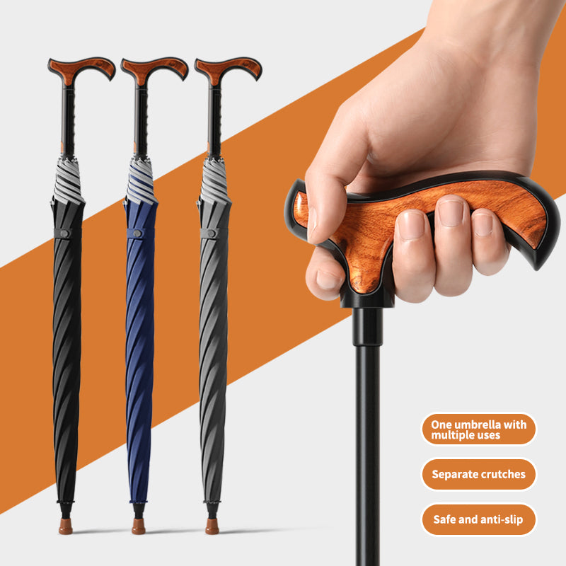 Crutch Umbrella 2-in-1 Walking Cane & Umbrella, Split Design, 8 Ribs Fiberglass Frame 105cm Canopy Windproof with Reflective Edge, Custom Logo