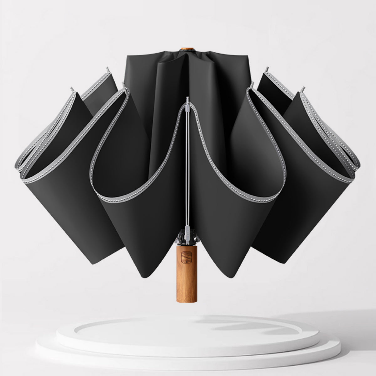 Premium Inverted Travel Umbrella with Non-Rebound Mechanism, Waterproof & Wind Resistant, Wood Handle, Night Safety Reflective Edge for Men & Women