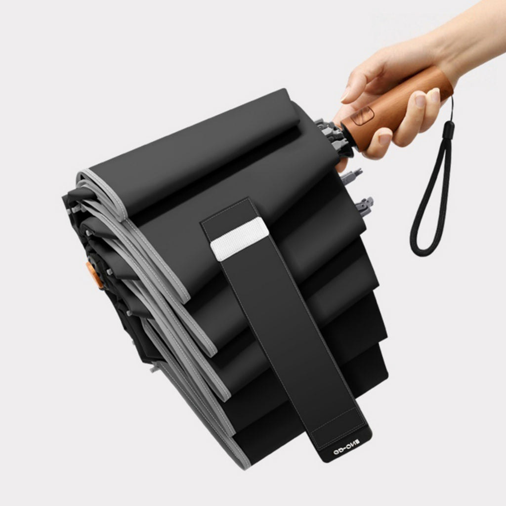 Premium Inverted Travel Umbrella with Non-Rebound Mechanism, Waterproof & Wind Resistant, Wood Handle, Night Safety Reflective Edge for Men & Women