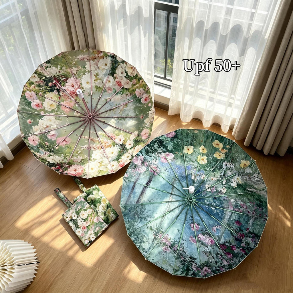 Fengzhu Umbrella Women's 16-Rib Auto Open Tri-Fold Umbrella Windproof UV Protection Light Luxury