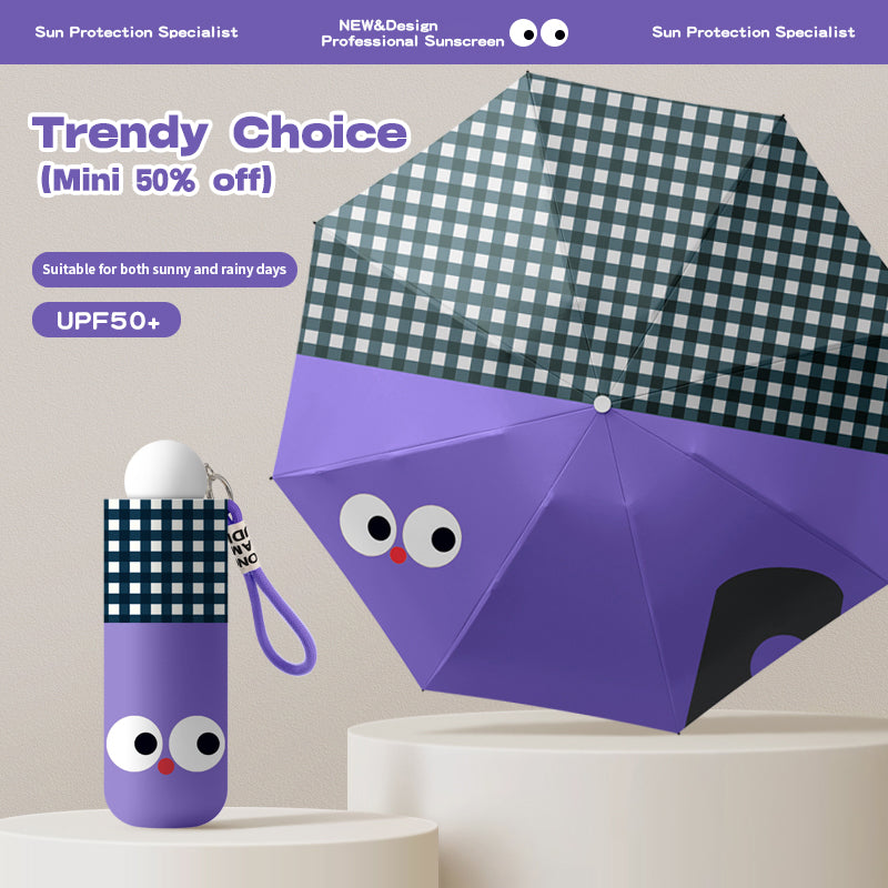 UPF 50+ Five-Fold Capsule Umbrella 325g Ultra-Light 8K Manual Sun & Rain Umbrella with Cute Big-Eye Design and Gift Case