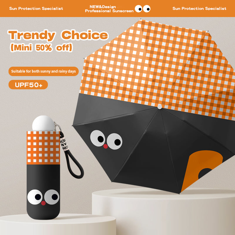 UPF 50+ Five-Fold Capsule Umbrella 325g Ultra-Light 8K Manual Sun & Rain Umbrella with Cute Big-Eye Design and Gift Case