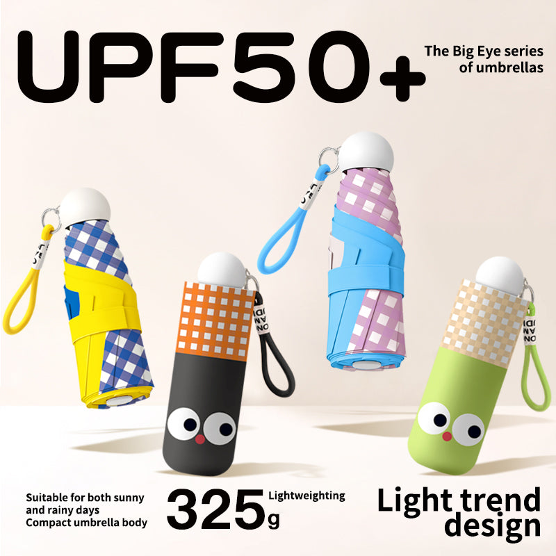 UPF 50+ Five-Fold Capsule Umbrella 325g Ultra-Light 8K Manual Sun & Rain Umbrella with Cute Big-Eye Design and Gift Case
