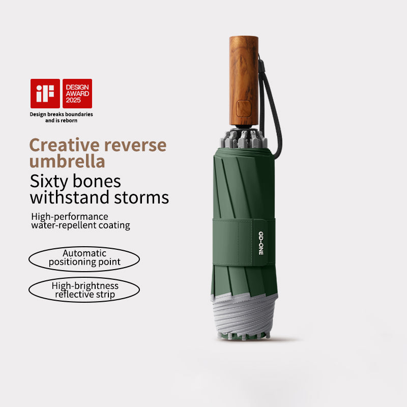 Premium Inverted Travel Umbrella with Non-Rebound Mechanism, Waterproof & Wind Resistant, Wood Handle, Night Safety Reflective Edge for Men & Women