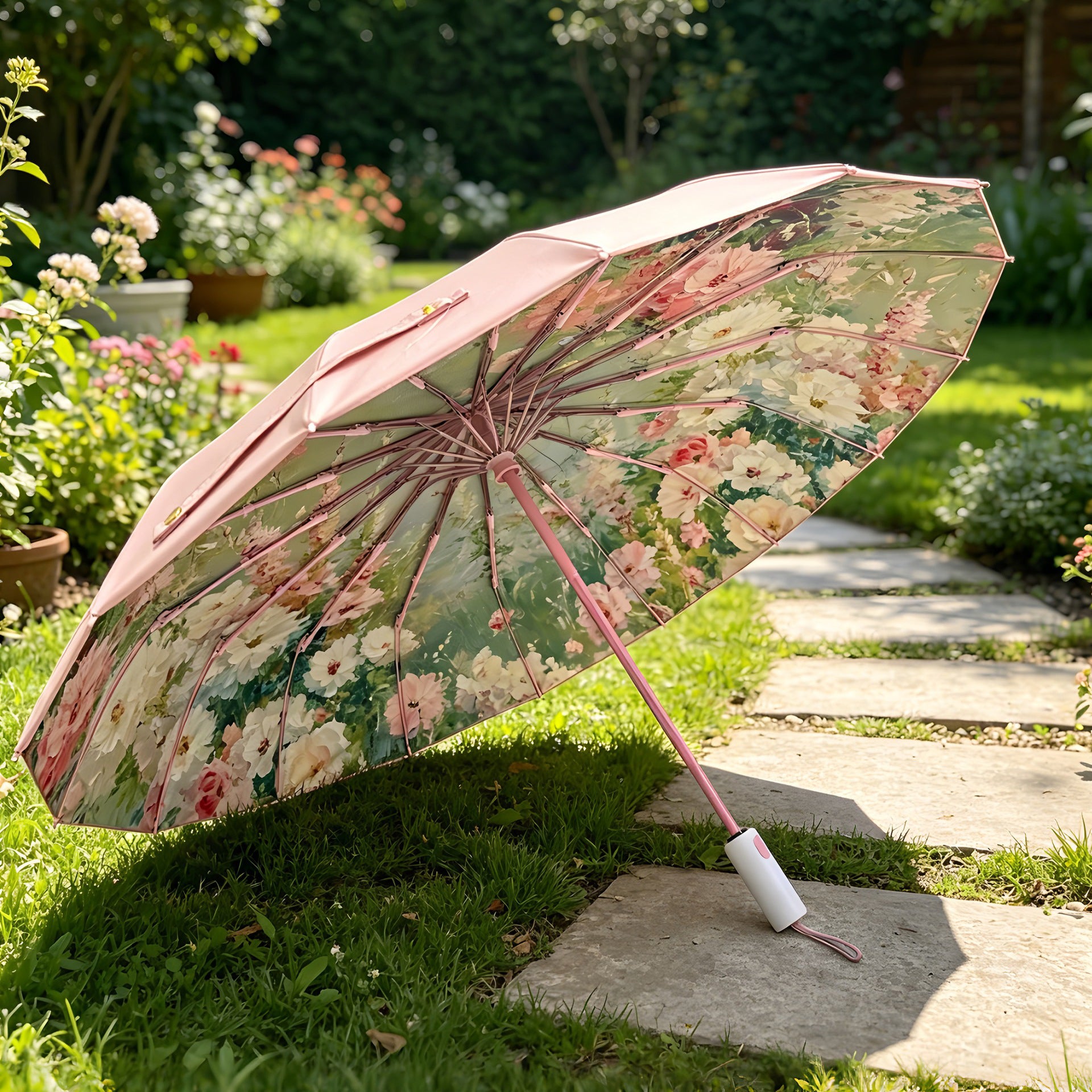 Fengzhu Umbrella Women's 16-Rib Auto Open Tri-Fold Umbrella Windproof UV Protection Light Luxury