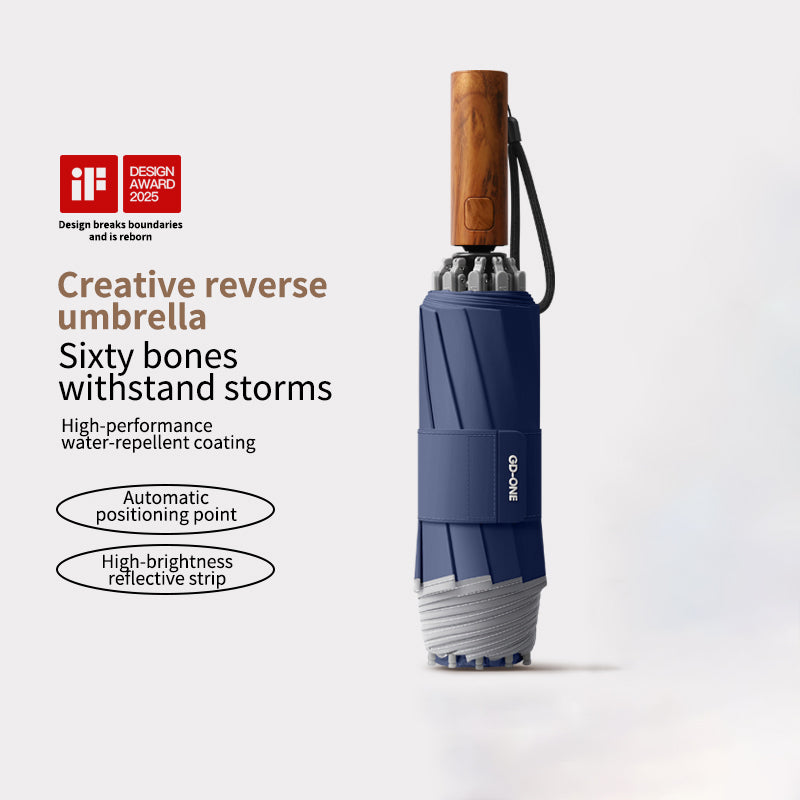 Premium Inverted Travel Umbrella with Non-Rebound Mechanism, Waterproof & Wind Resistant, Wood Handle, Night Safety Reflective Edge for Men & Women