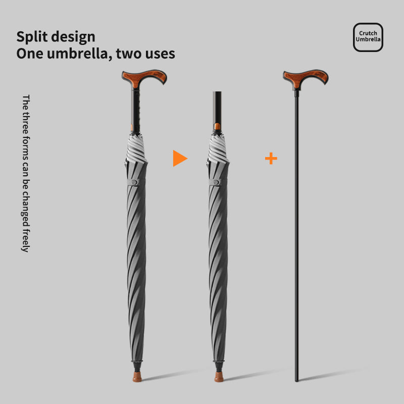 Crutch Umbrella 2-in-1 Walking Cane & Umbrella, Split Design, 8 Ribs Fiberglass Frame 105cm Canopy Windproof with Reflective Edge, Custom Logo