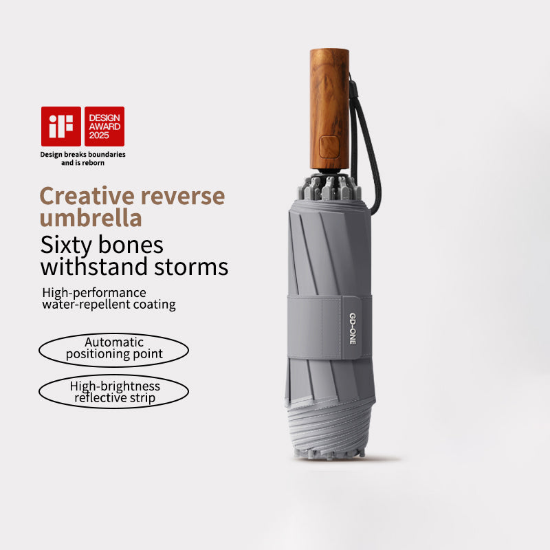 Premium Inverted Travel Umbrella with Non-Rebound Mechanism, Waterproof & Wind Resistant, Wood Handle, Night Safety Reflective Edge for Men & Women