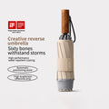 Premium Inverted Travel Umbrella with Non-Rebound Mechanism, Waterproof & Wind Resistant, Wood Handle, Night Safety Reflective Edge for Men & Women