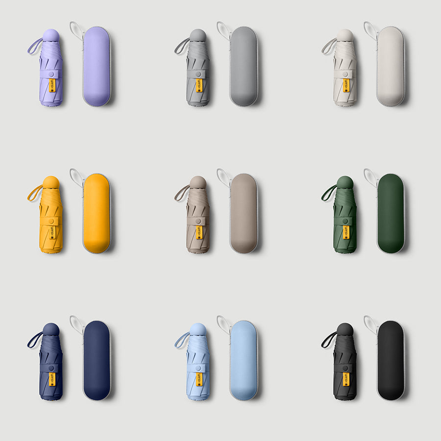 Custom Pocket Umbrella 8 Ribs 5 Fold, Folds into Capsule Hard Case, Matte Anti-UV Travel Umbrella with Wrist Strap, 9 Color Options