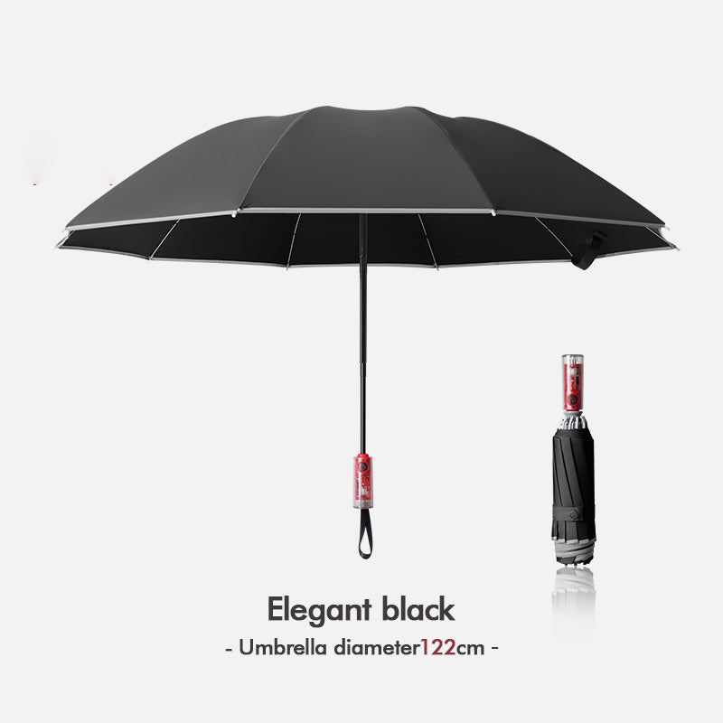 Fully Automatic Reverse Inverted Umbrella, 125cm Large 10 Rib Windproof Reflective Safety Folding Umbrella for 2-3 People