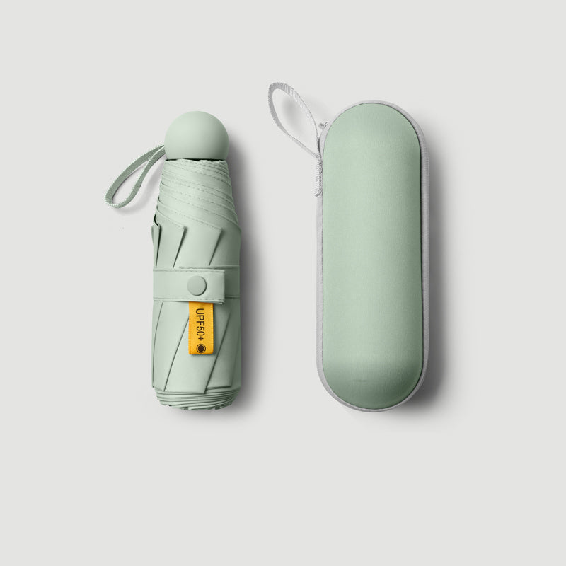 Custom Pocket Umbrella 8 Ribs 5 Fold, Folds into Capsule Hard Case, Matte Anti-UV Travel Umbrella with Wrist Strap, 9 Color Options