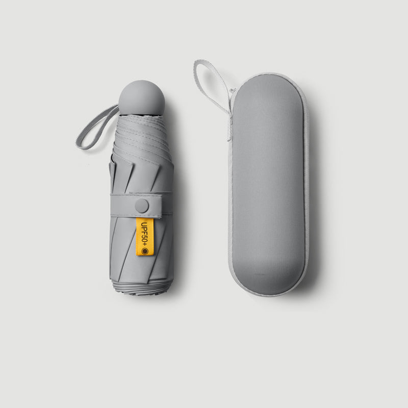 Custom Pocket Umbrella 8 Ribs 5 Fold, Folds into Capsule Hard Case, Matte Anti-UV Travel Umbrella with Wrist Strap, 9 Color Options
